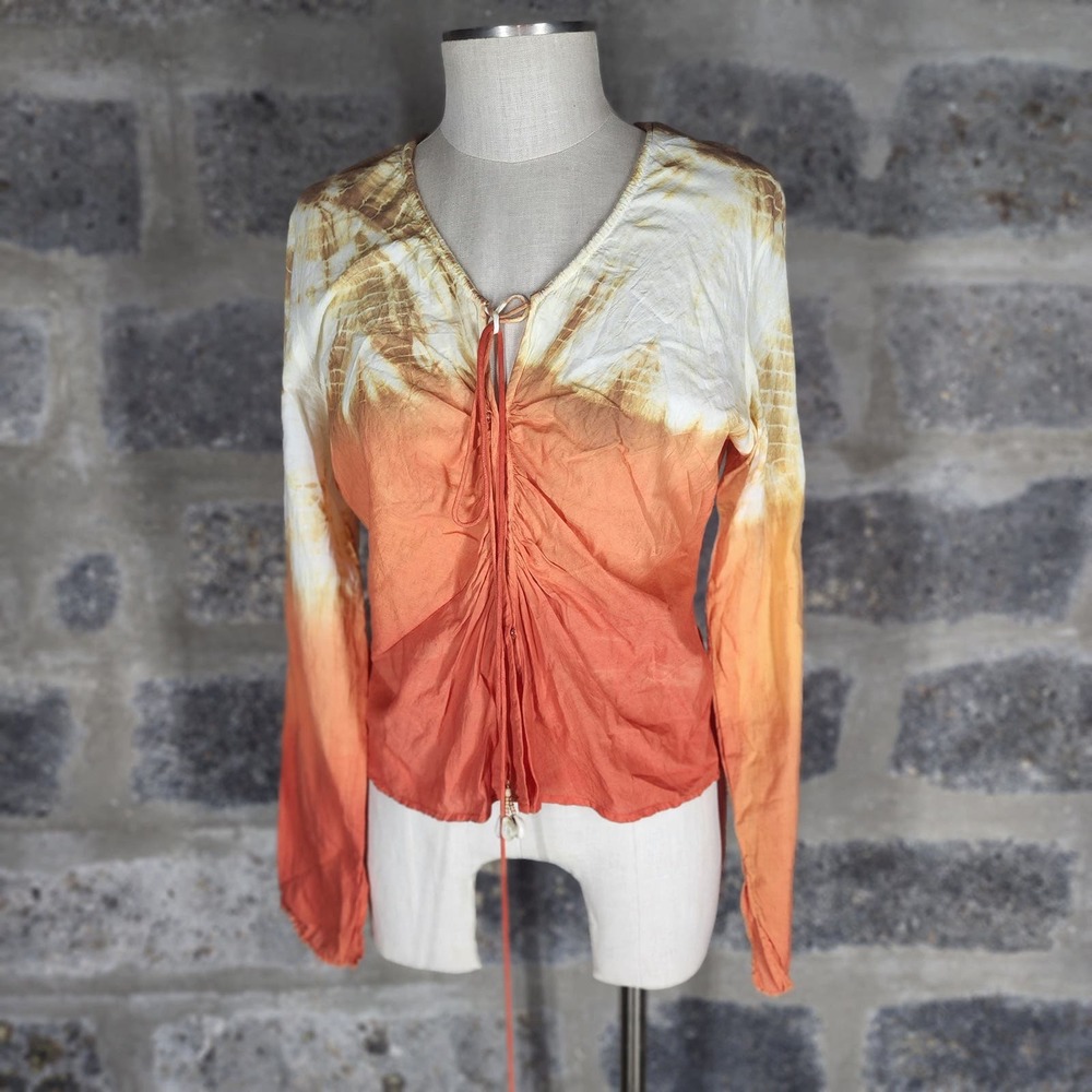 DEAN ALAN sz L orange brown tie front seashell accent blouse shirt top